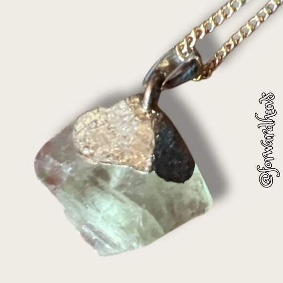 Raw Cut Light Green Stone Necklace | Gold-tone Chain - Picture 6 of 10